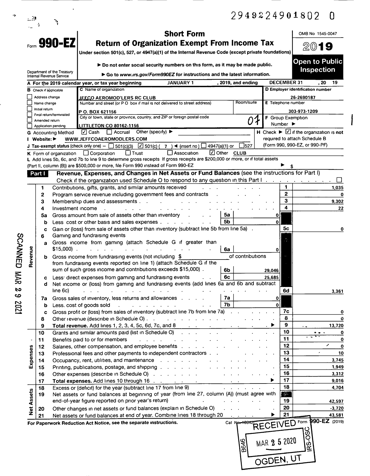 Image of first page of 2019 Form 990EO for Jefco Aermodlers Club 0176