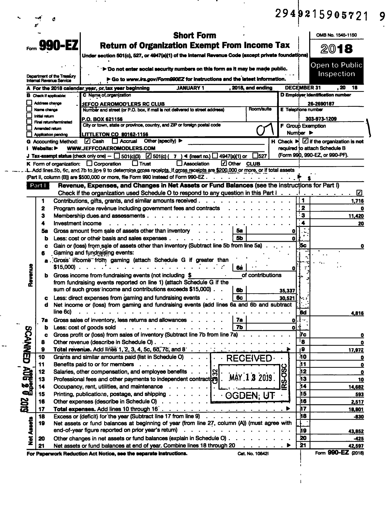 Image of first page of 2018 Form 990EO for Jefco Aermodlers Club 0176