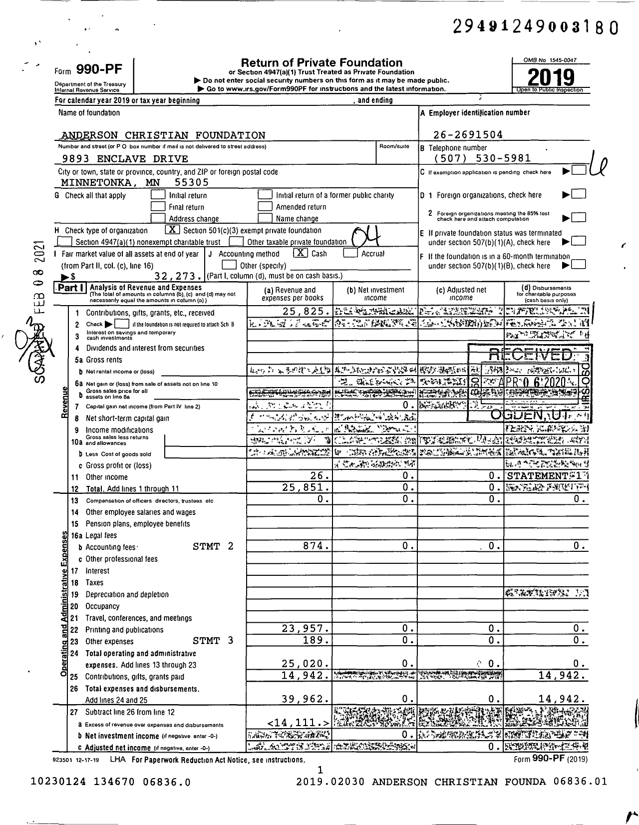 Image of first page of 2019 Form 990PF for Anderson Christian Foundation