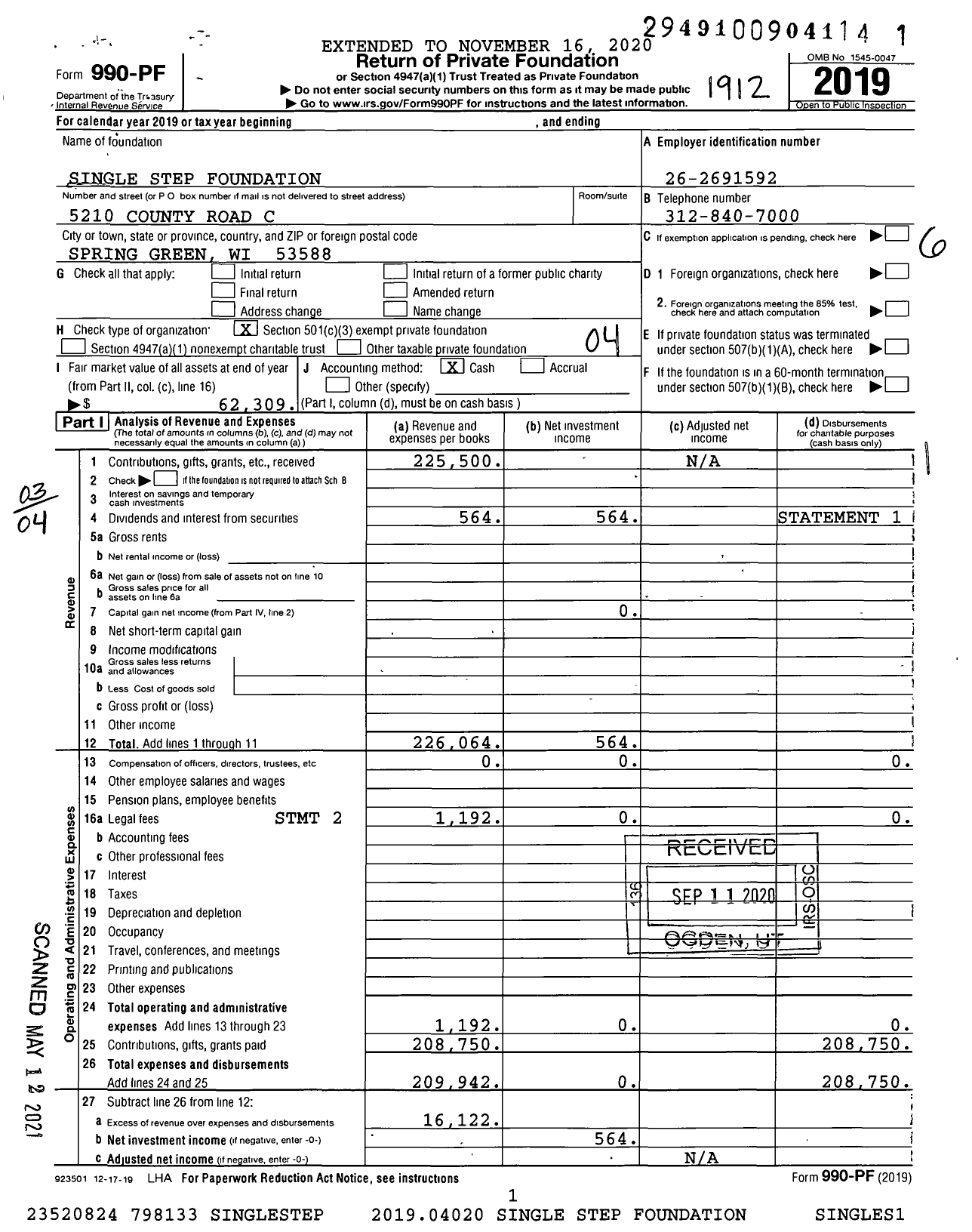 Image of first page of 2019 Form 990PF for Single Step Foundation