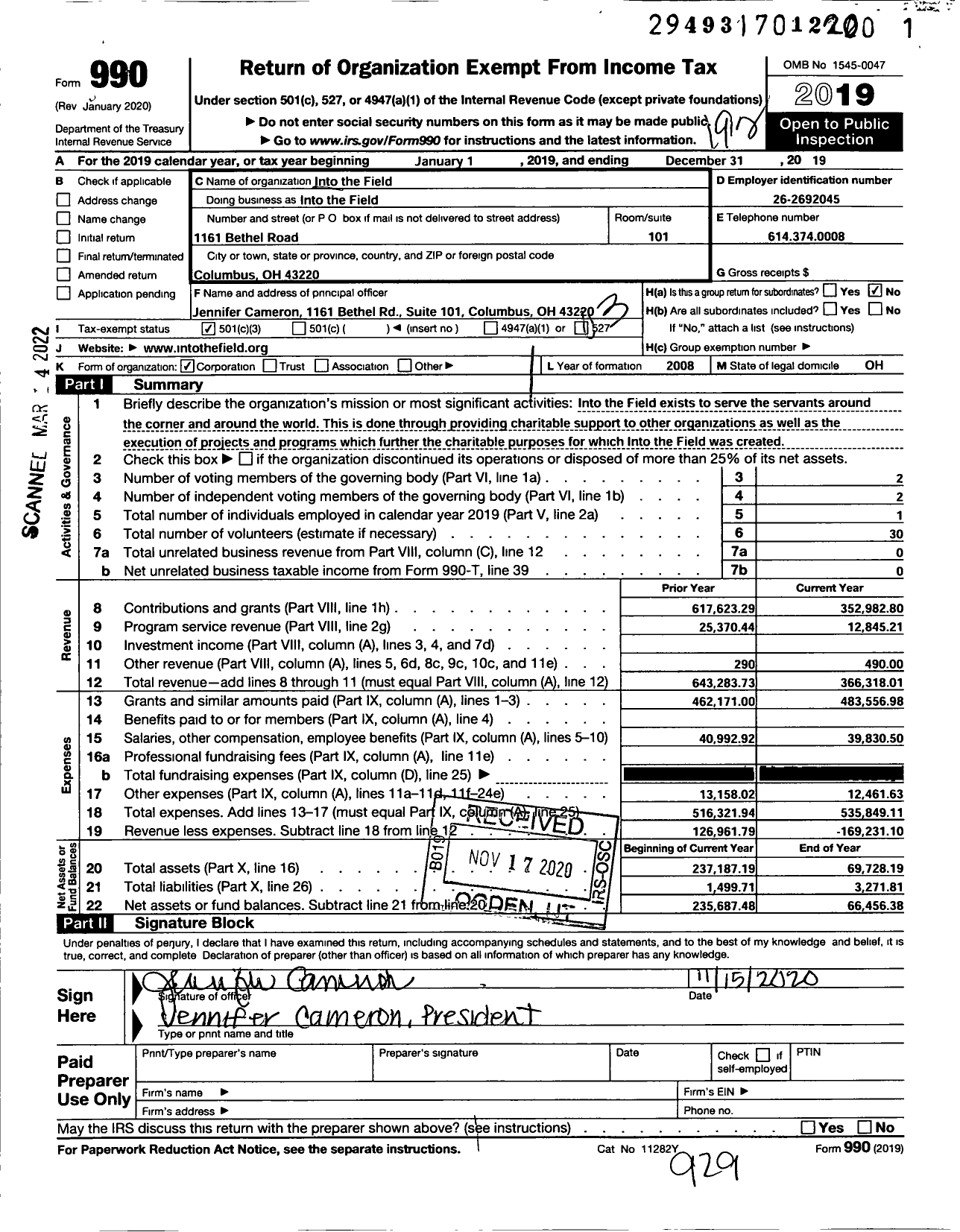 Image of first page of 2019 Form 990 for Into the Field