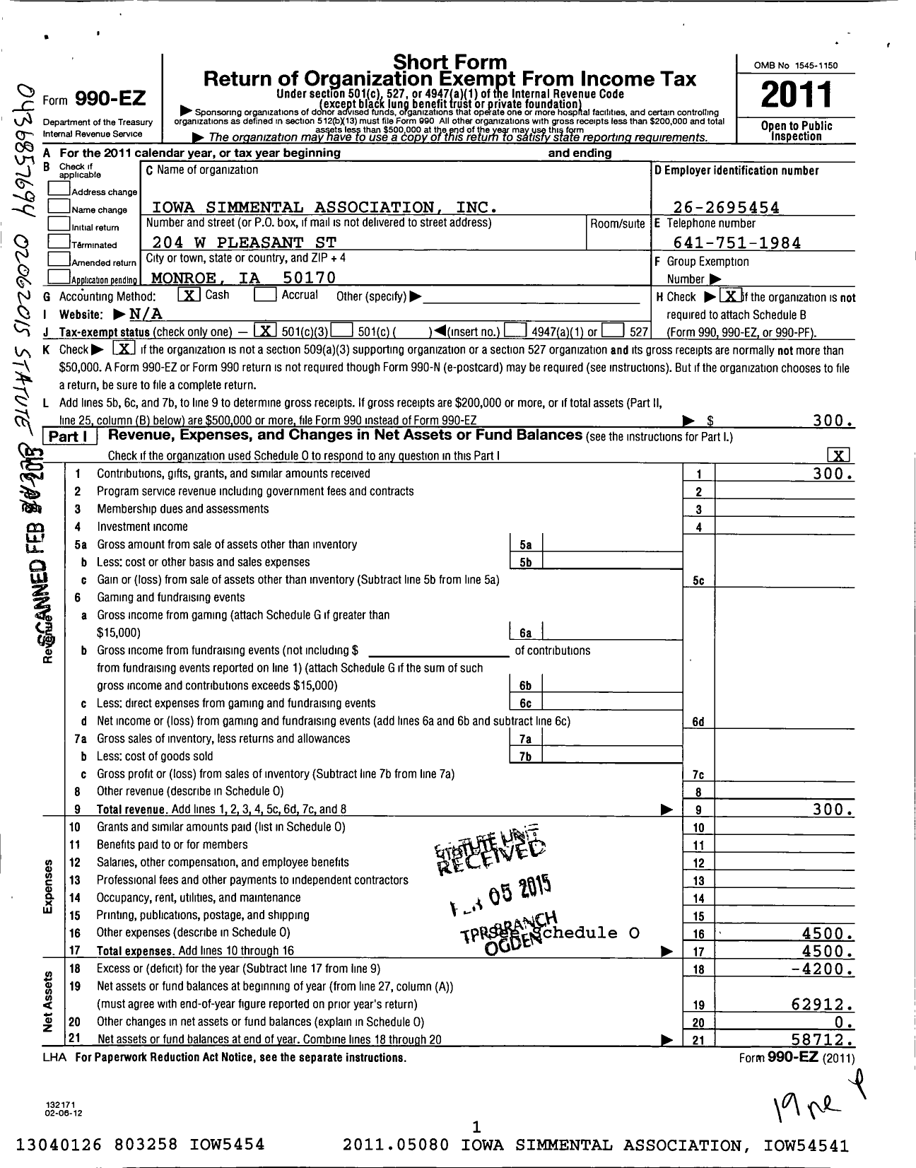 Image of first page of 2011 Form 990EZ for Iowa Simmental Association