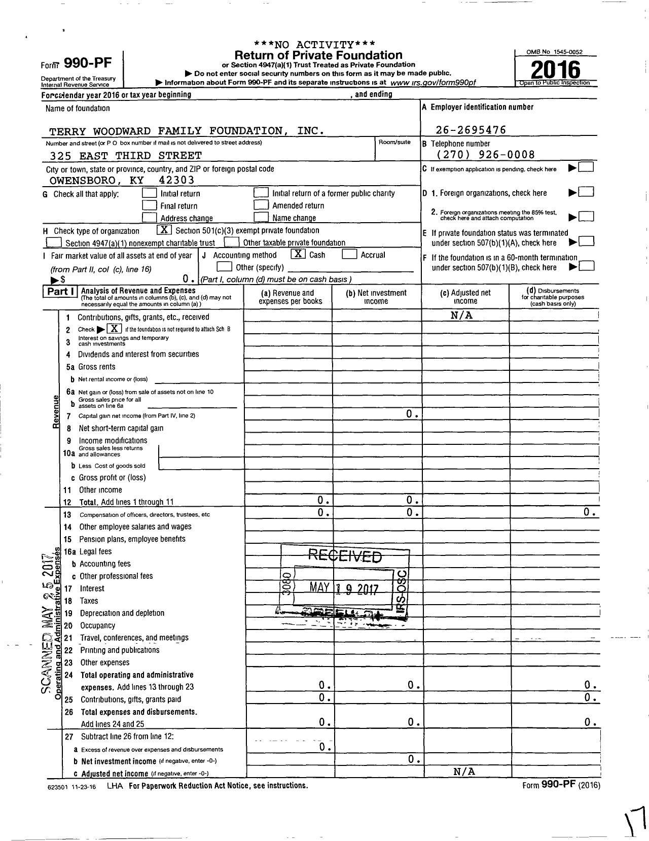 Image of first page of 2016 Form 990PF for Terry Woodward Family Foundation