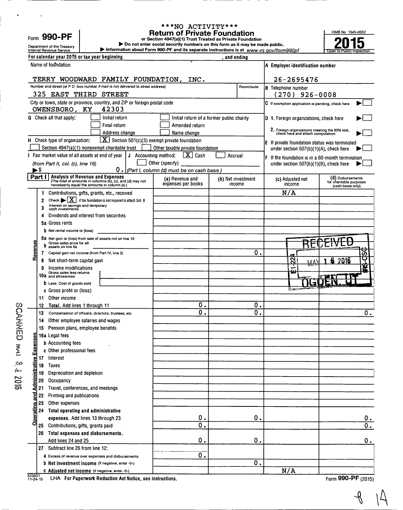 Image of first page of 2015 Form 990PF for Terry Woodward Family Foundation