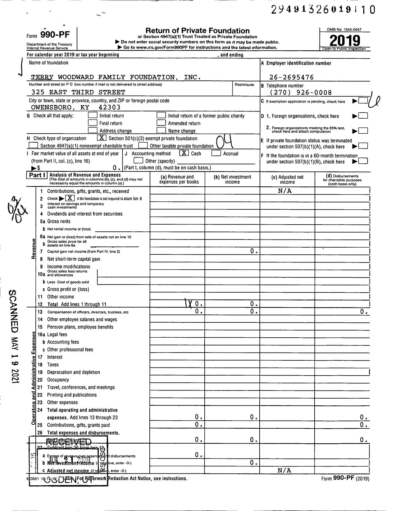 Image of first page of 2019 Form 990PF for Terry Woodward Family Foundation