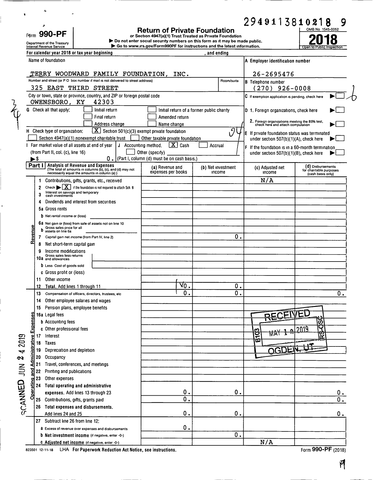 Image of first page of 2018 Form 990PF for Terry Woodward Family Foundation