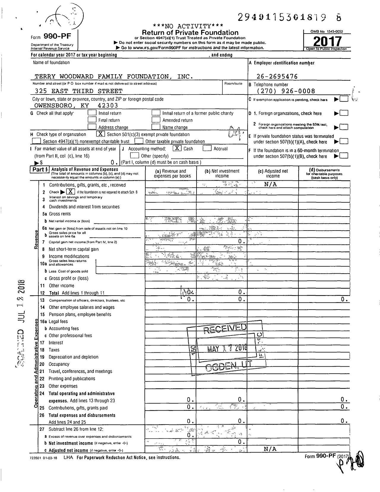 Image of first page of 2017 Form 990PF for Terry Woodward Family Foundation