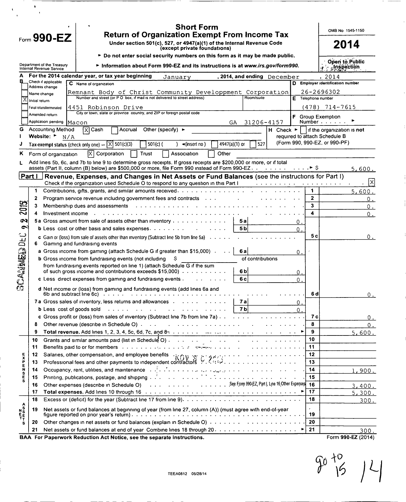 Image of first page of 2014 Form 990EZ for Remnant Body of Christ Community Development Corporation