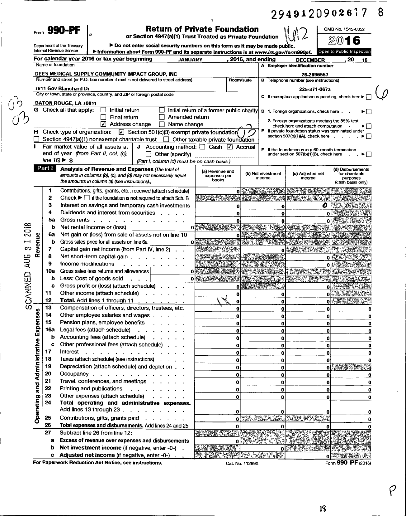 Image of first page of 2016 Form 990PF for Dees Medical Supply Community Impact Group