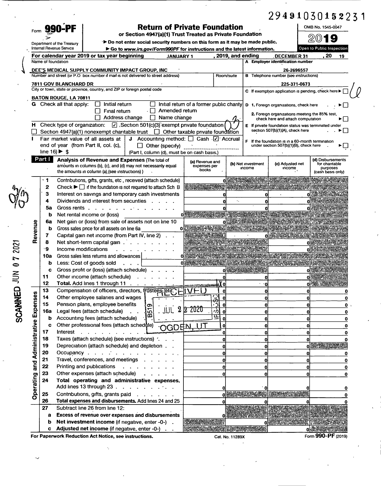 Image of first page of 2019 Form 990PF for Dees Medical Supply Community Impact Group