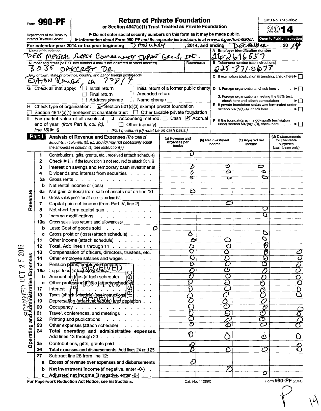 Image of first page of 2014 Form 990PF for Dees Medical Supply Community Impact Group