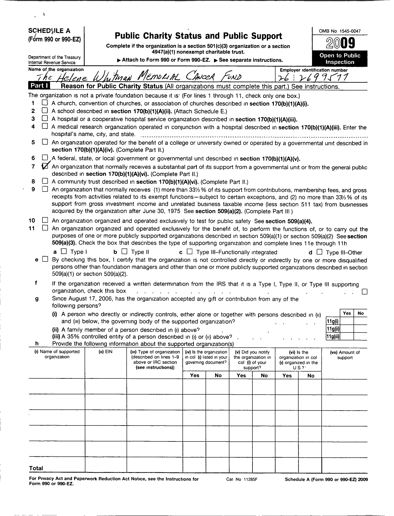 Image of first page of 2009 Form 990ER for Helene Whitman Memorial Cancer Fund