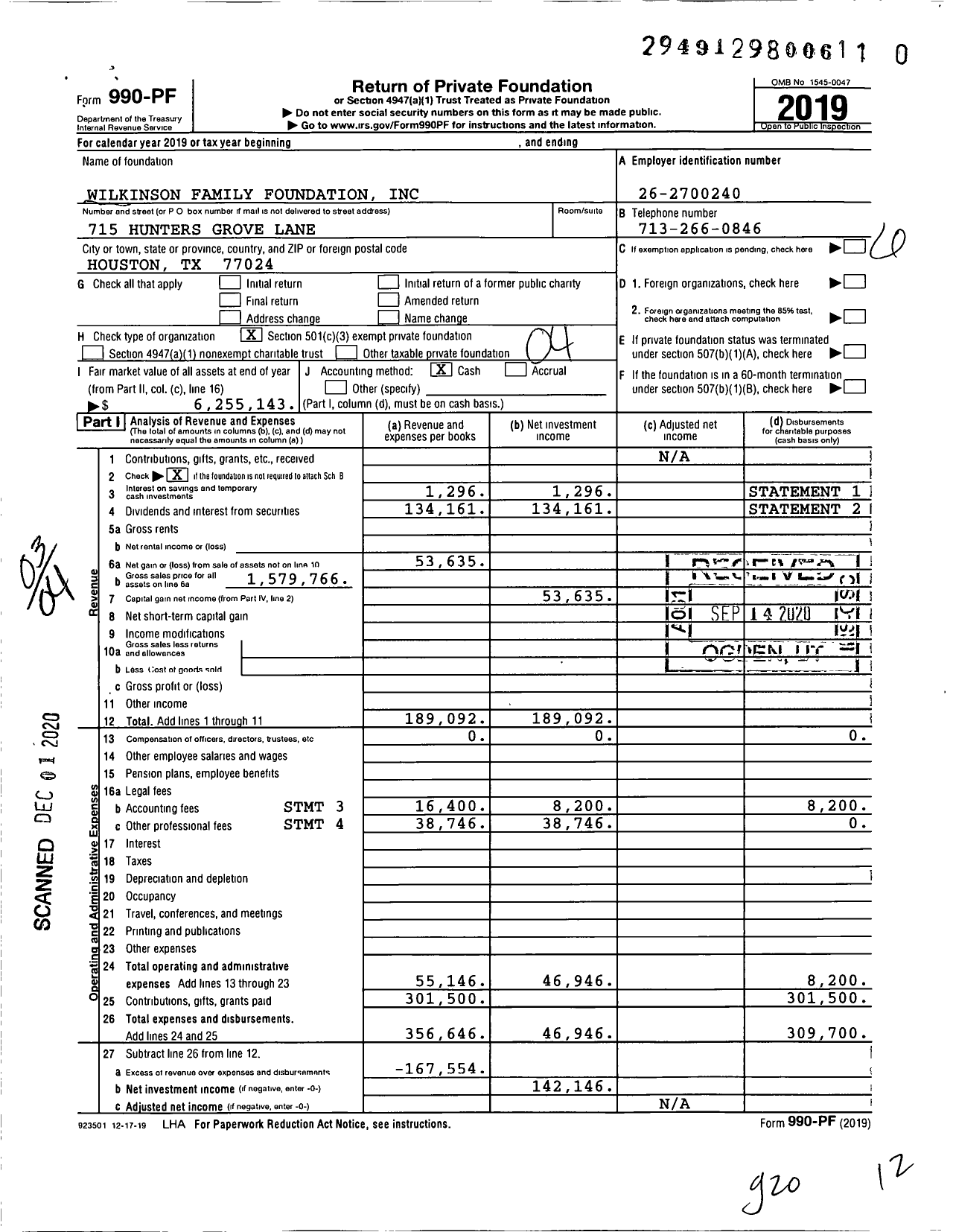 Image of first page of 2019 Form 990PF for Wilkinson Family Foundation