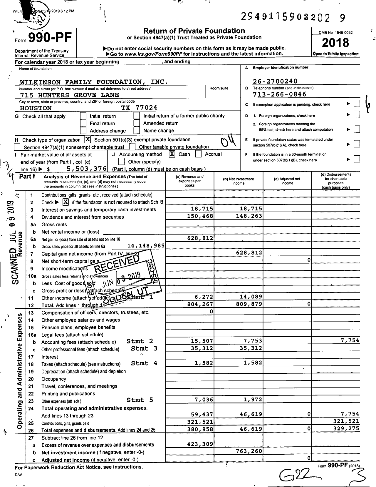 Image of first page of 2018 Form 990PF for Wilkinson Family Foundation