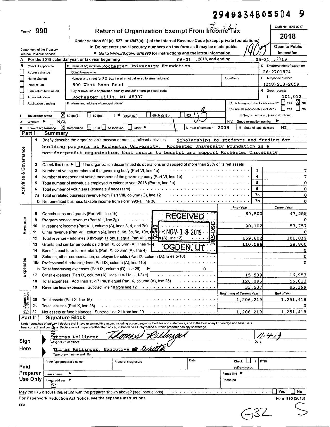 Image of first page of 2018 Form 990 for Rochester University Foundation