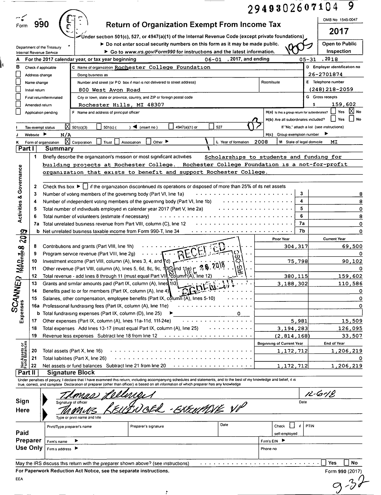 Image of first page of 2017 Form 990 for Rochester University Foundation