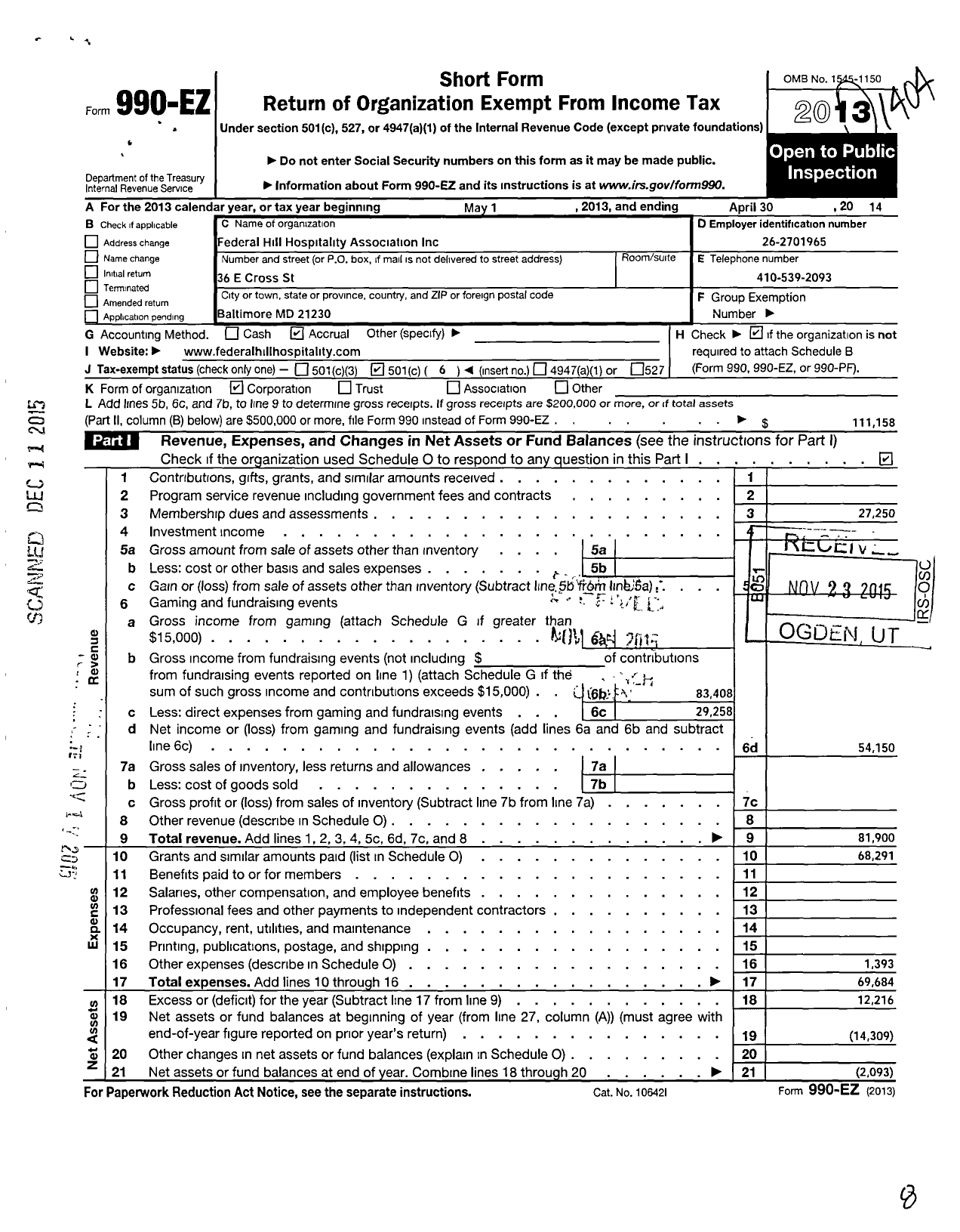 Image of first page of 2013 Form 990EO for Federal Hill Hospitality Association