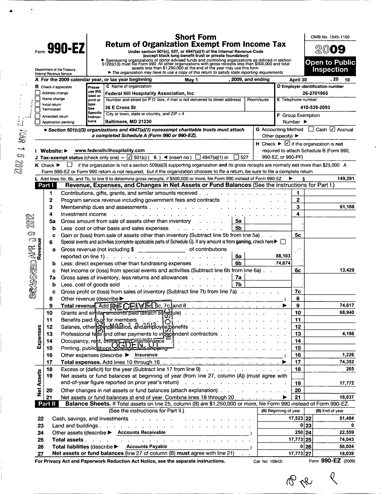 Image of first page of 2009 Form 990EO for Federal Hill Hospitality Association