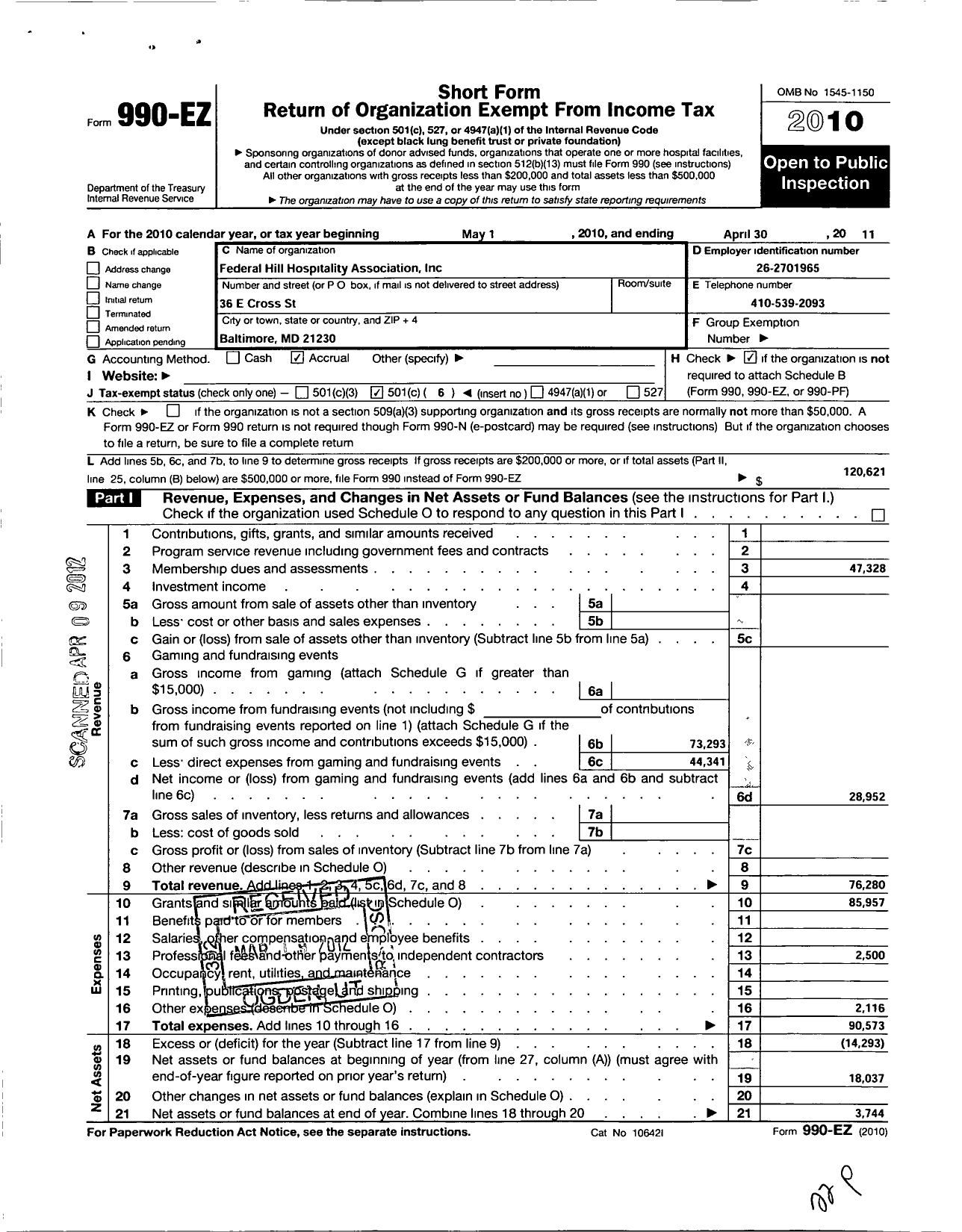 Image of first page of 2010 Form 990EO for Federal Hill Hospitality Association