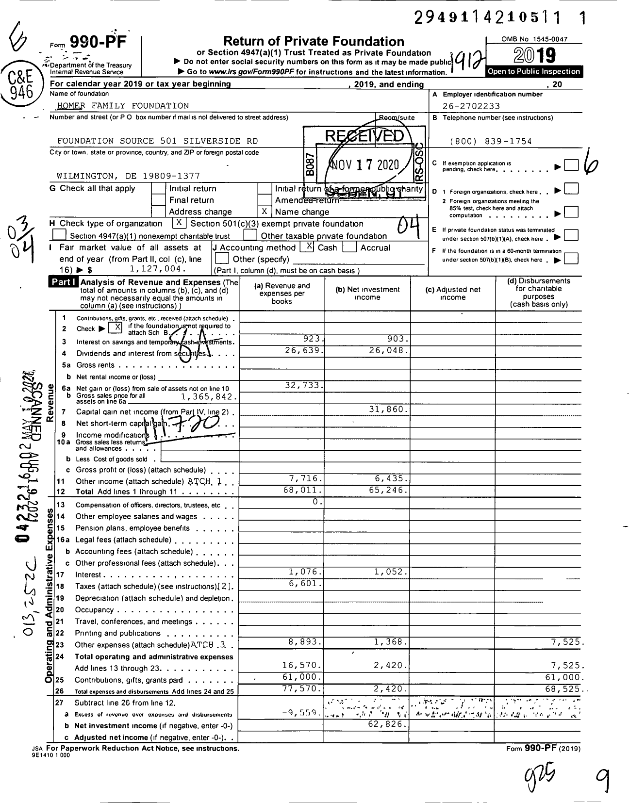 Image of first page of 2019 Form 990PF for Homer Family Foundation