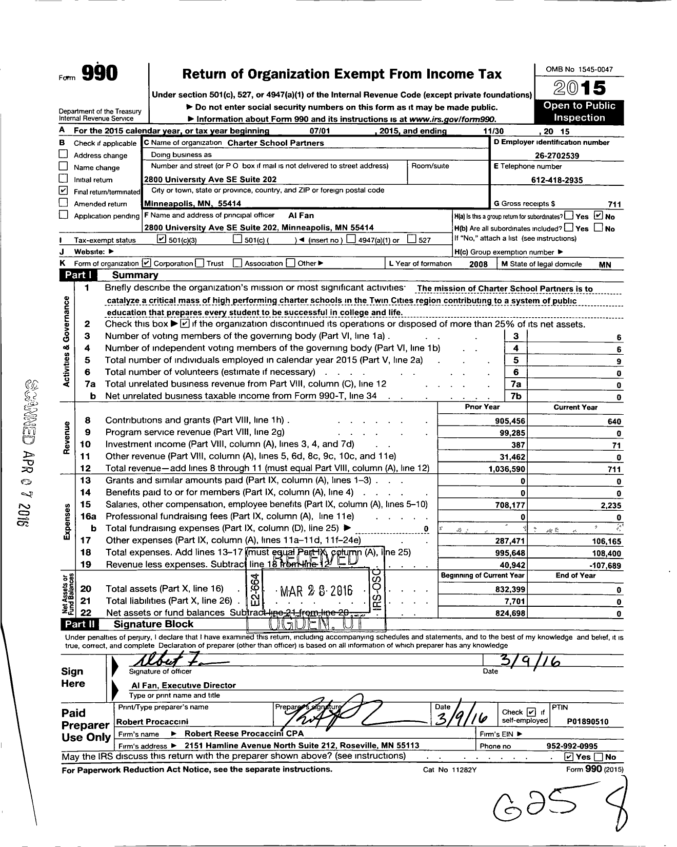 Image of first page of 2014 Form 990 for Charter School Partners