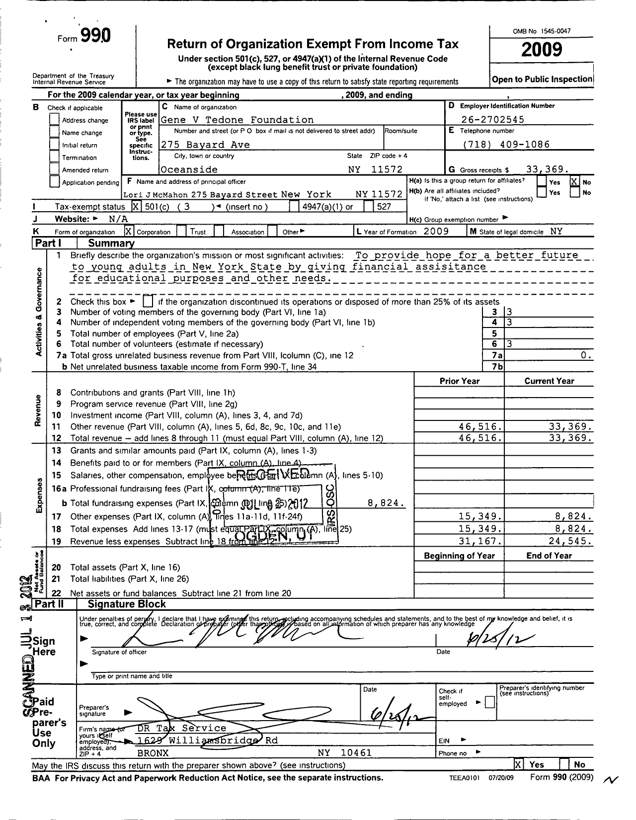 Image of first page of 2009 Form 990 for Gene V Tedone Foundation