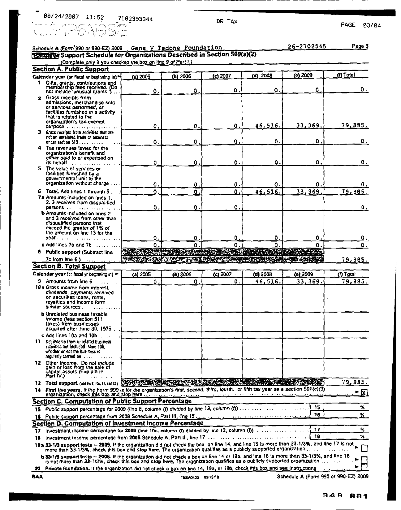 Image of first page of 2009 Form 990R for Gene V Tedone Foundation