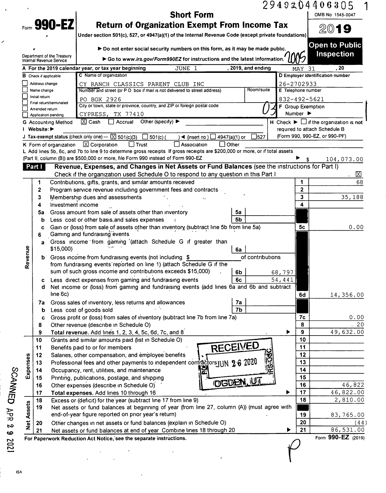 Image of first page of 2019 Form 990EZ for Cy-Ranch Classics Parent Club