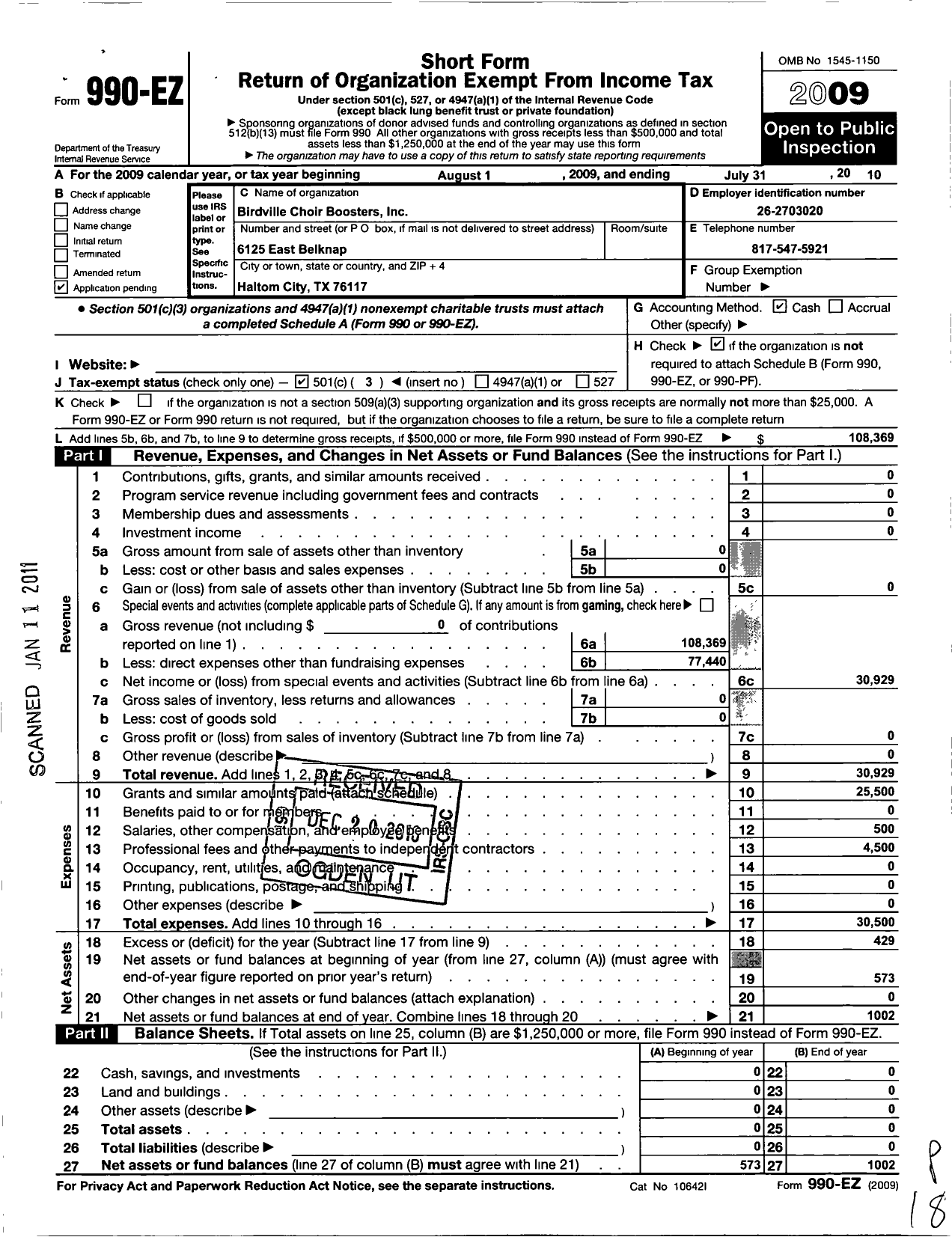 Image of first page of 2009 Form 990EZ for Birdville Choir Boosters