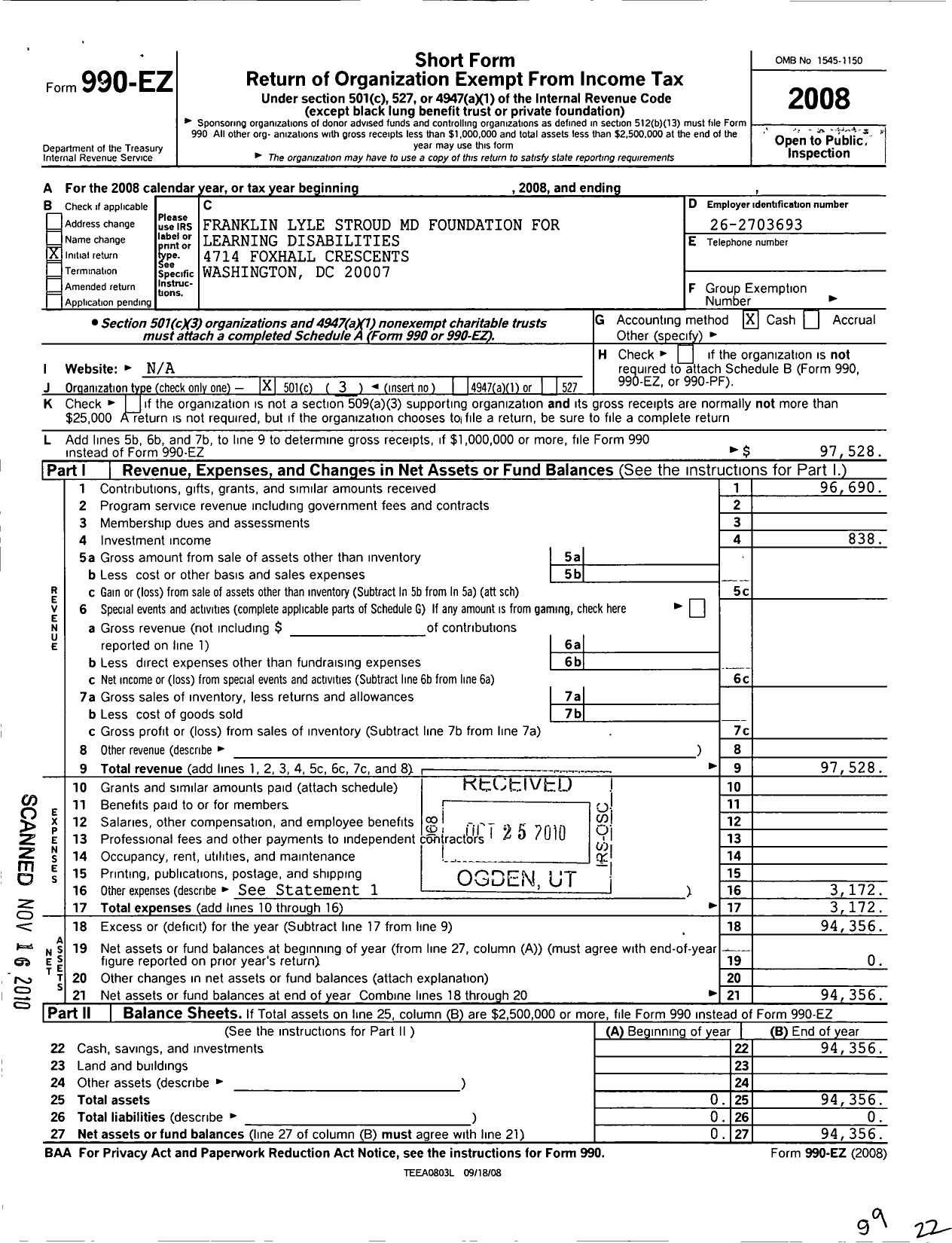 Image of first page of 2008 Form 990EZ for Franklin Lyle Stroud MD Foundation for Learning Disabilities