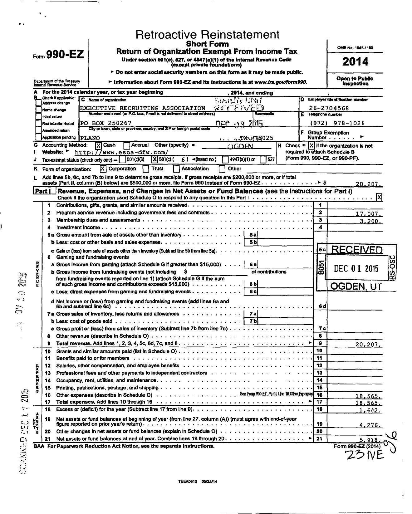 Image of first page of 2014 Form 990EO for Executive Recruiting Association