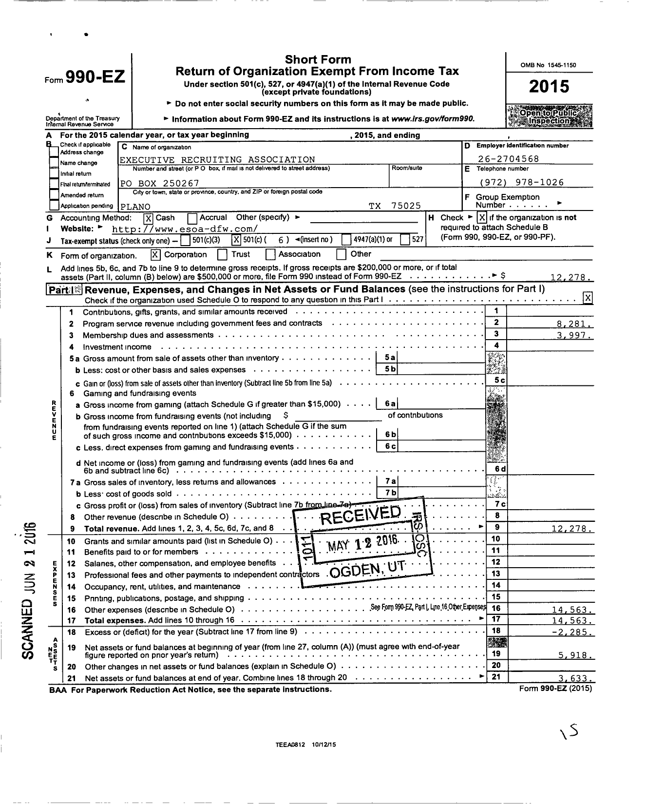 Image of first page of 2015 Form 990EO for Executive Recruiting Association