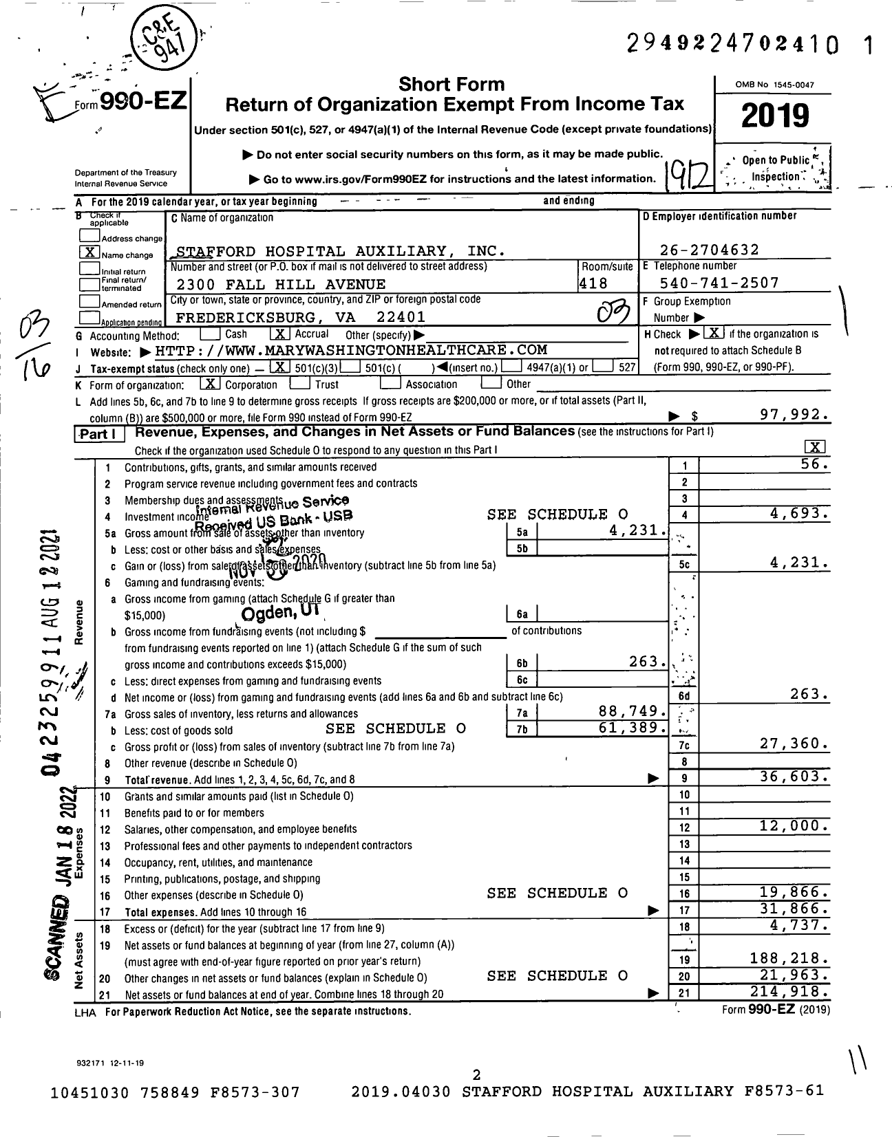 Image of first page of 2019 Form 990EZ for Stafford Hospital Auxiliary