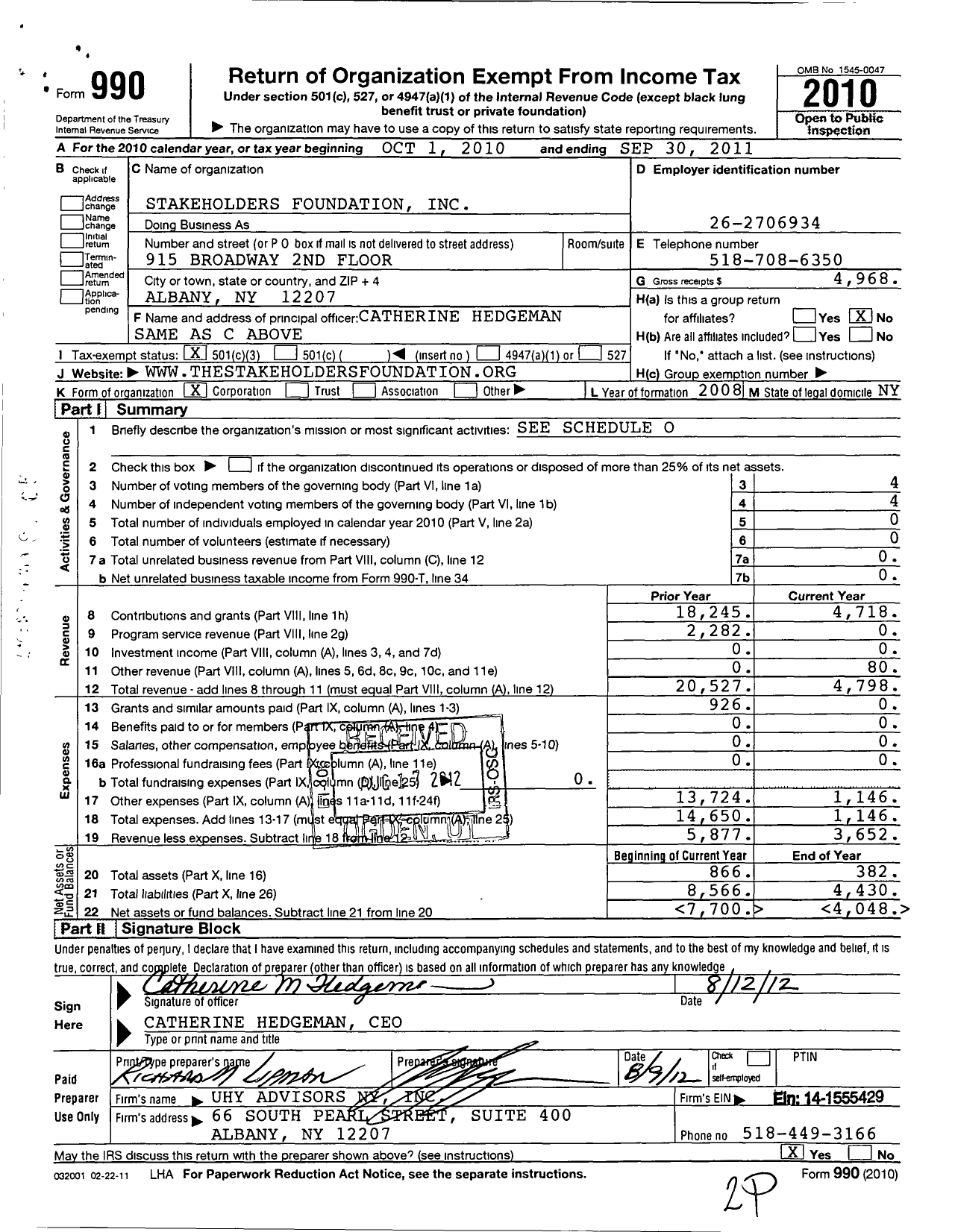 Image of first page of 2010 Form 990 for Stakeholders Foundation