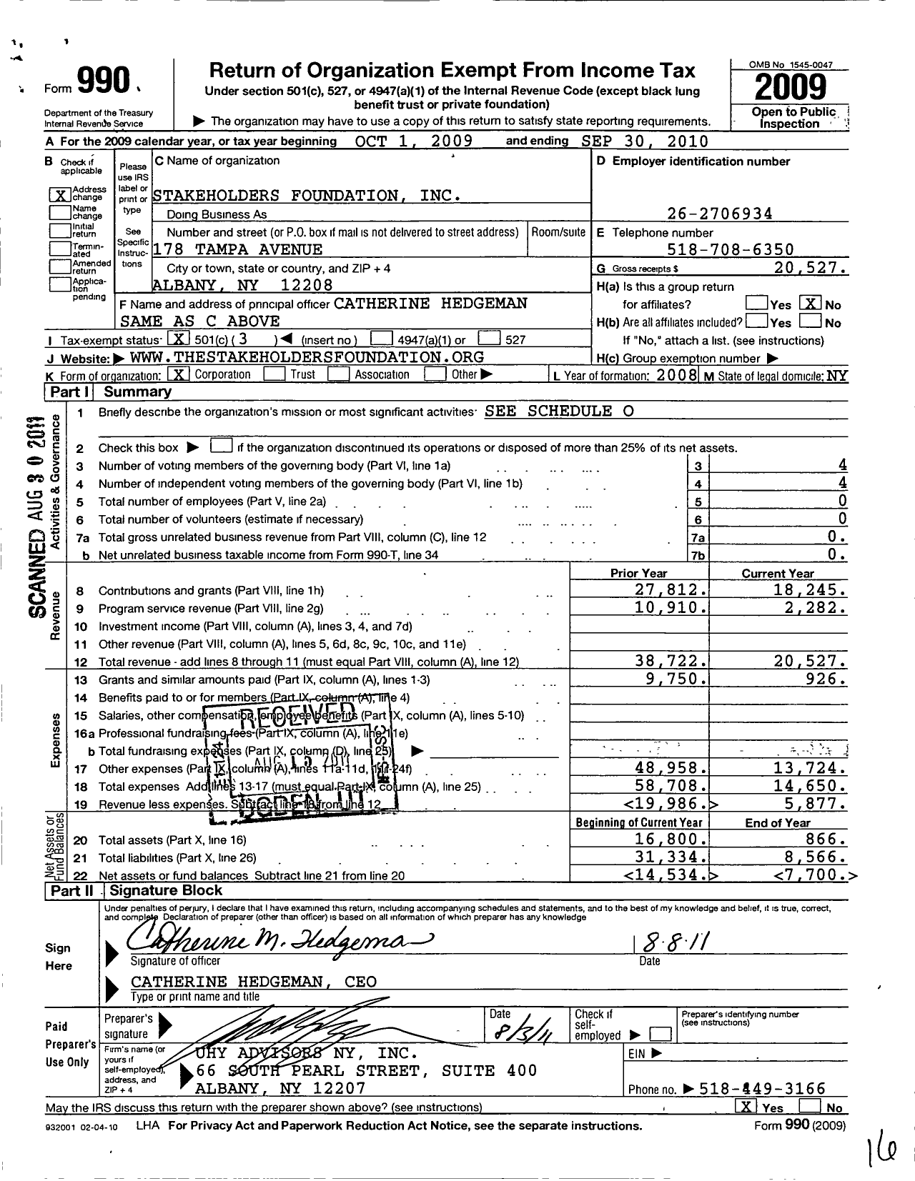 Image of first page of 2009 Form 990 for Stakeholders Foundation