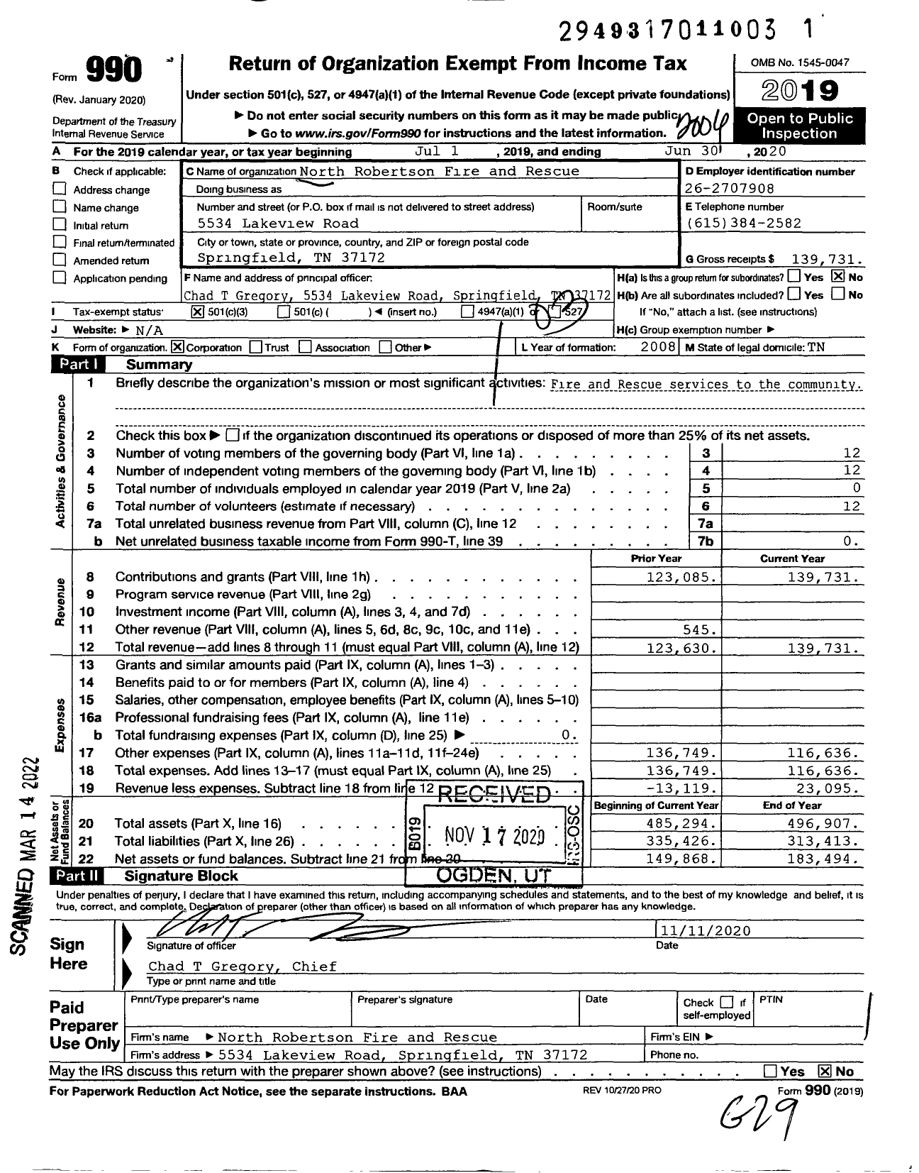 Image of first page of 2019 Form 990 for North Robertson Fire and Rescue