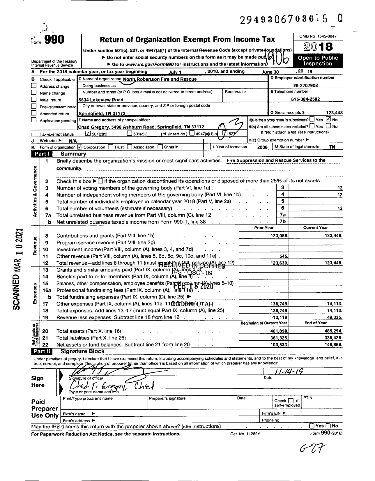 Image of first page of 2018 Form 990 for North Robertson Fire and Rescue