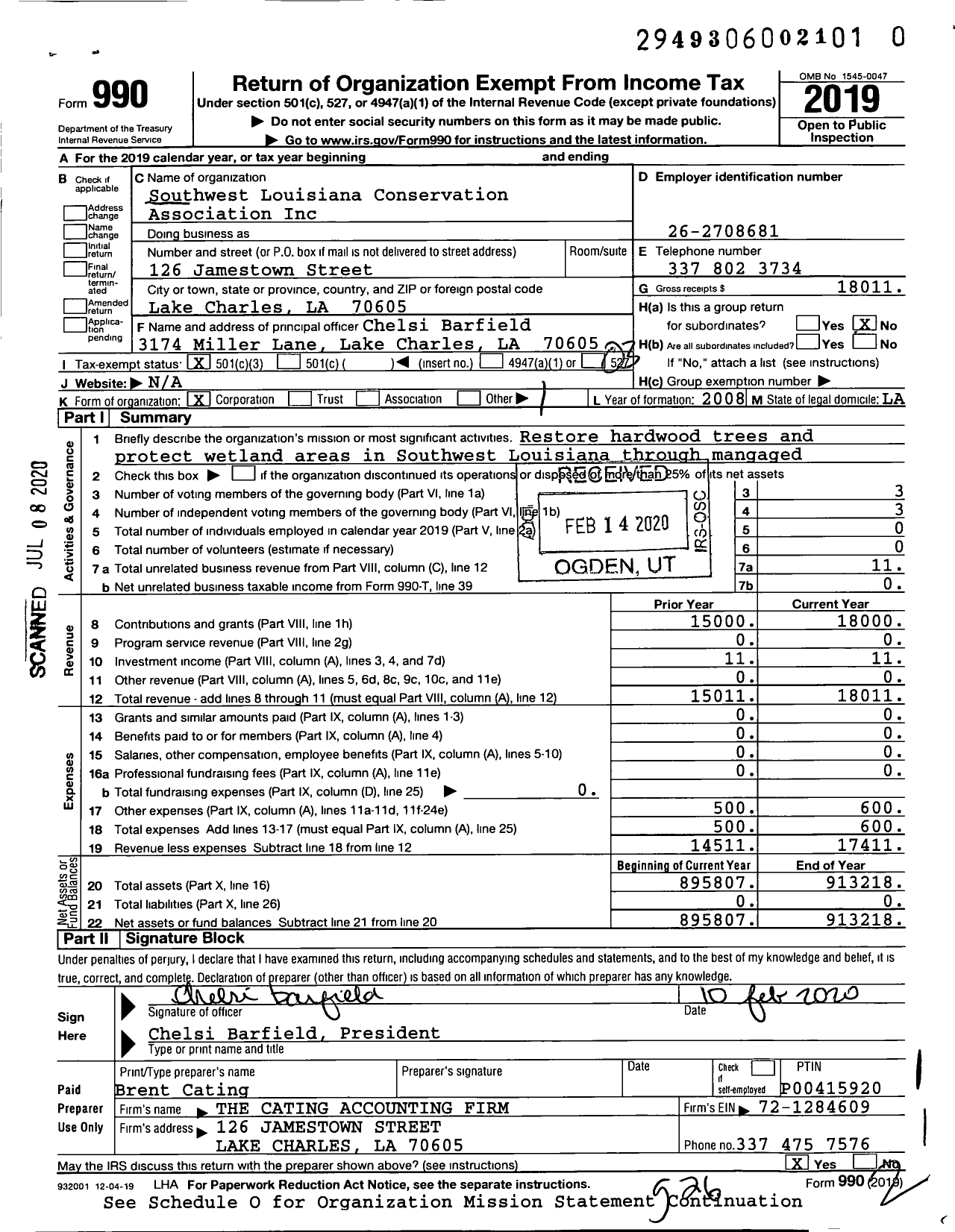 Image of first page of 2019 Form 990 for Southwest Louisiana Conservation Association