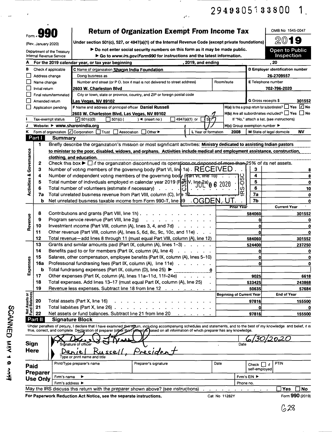 Image of first page of 2019 Form 990 for Sharon India Foundation