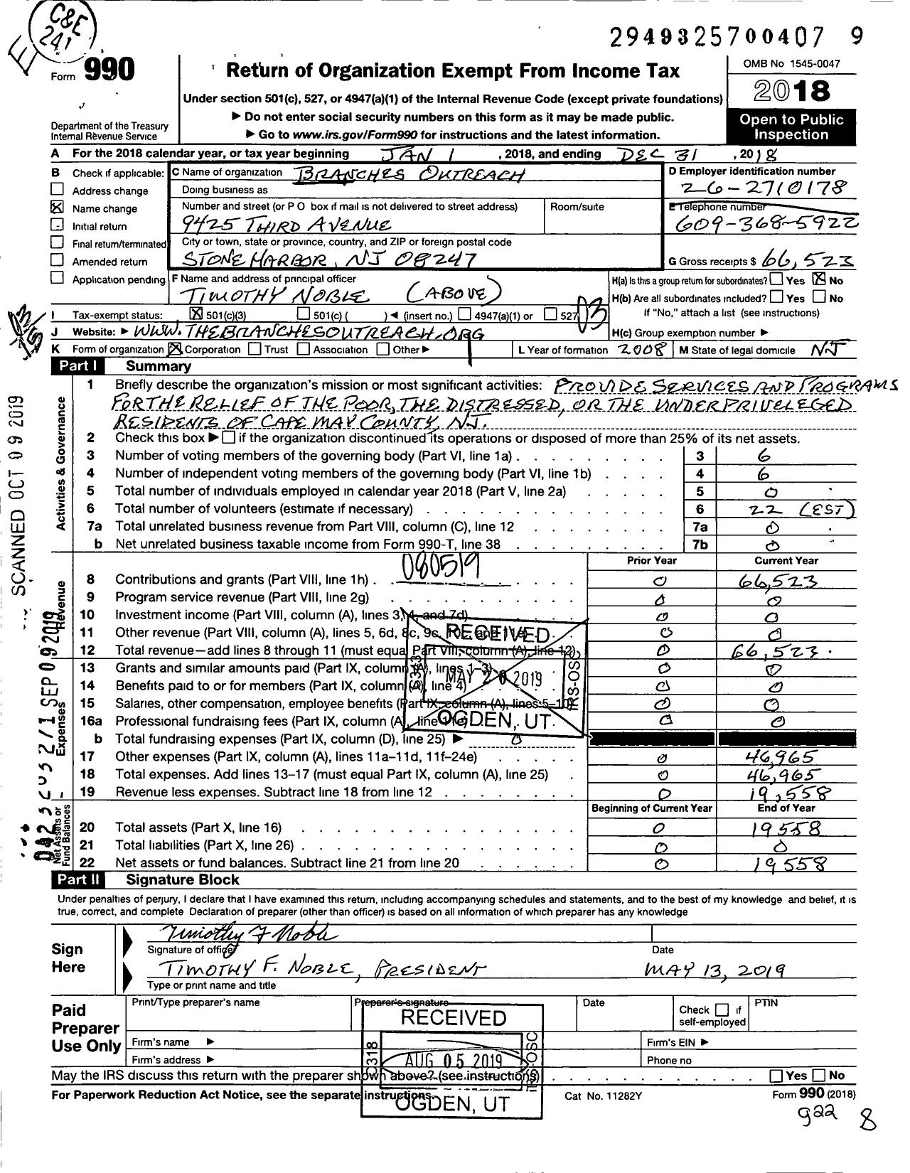 Image of first page of 2018 Form 990 for The Branches Outreach