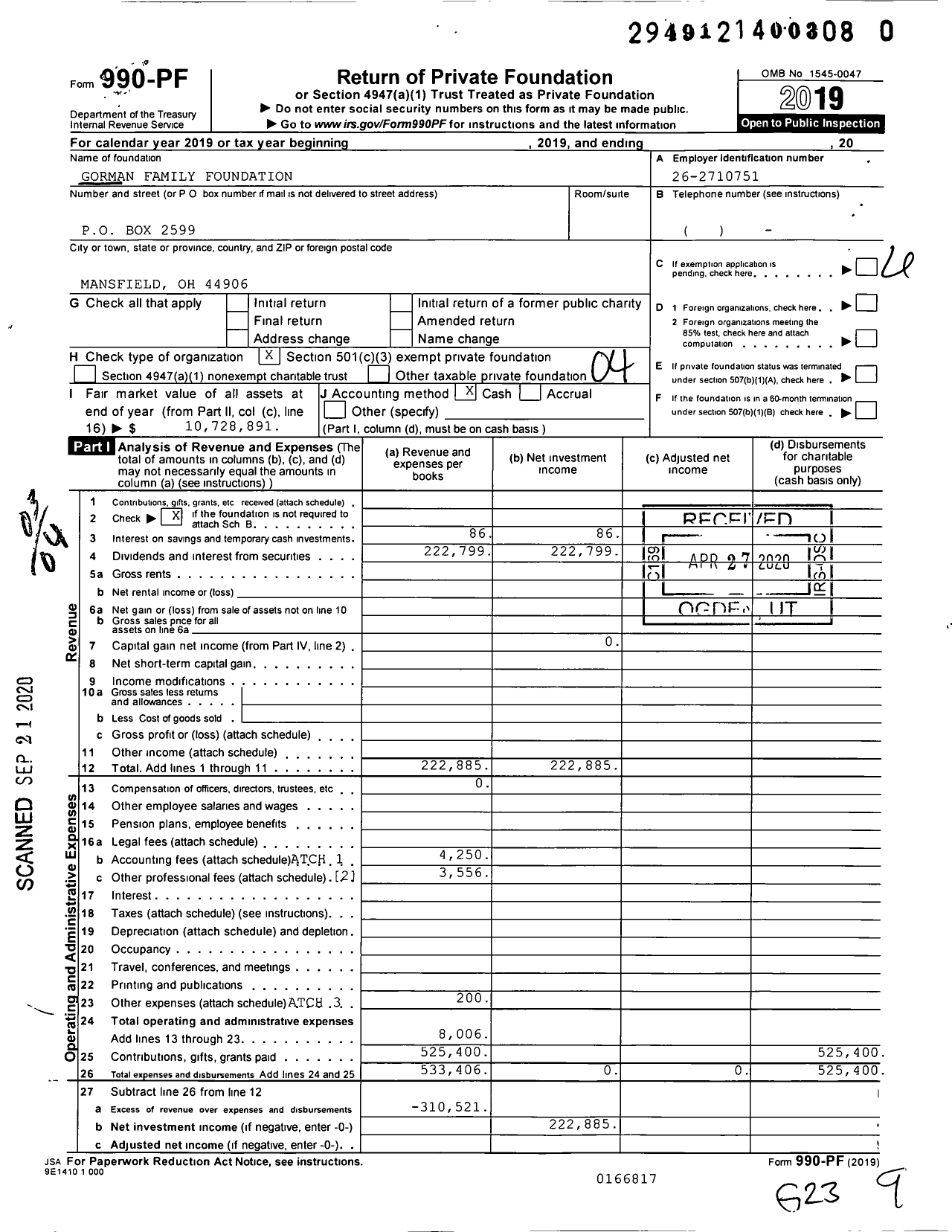 Image of first page of 2019 Form 990PR for Gorman Family Foundation