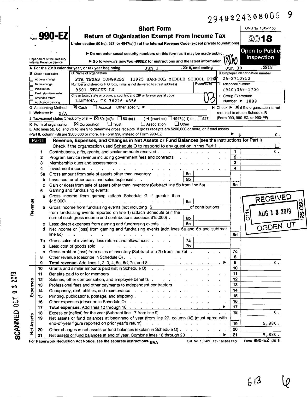 Image of first page of 2017 Form 990EZ for Texas PTA - 11925 Harpool Middle School PTA