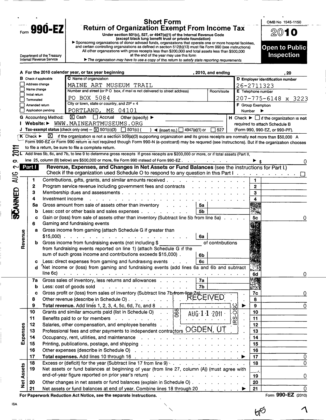 Image of first page of 2010 Form 990EZ for Maine Art Museum Trail