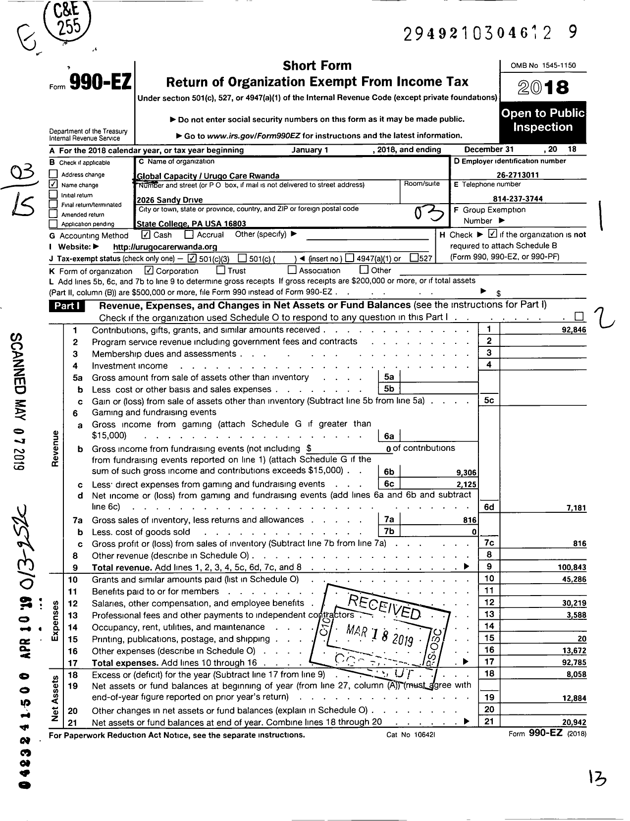 Image of first page of 2018 Form 990EZ for Global Capacity