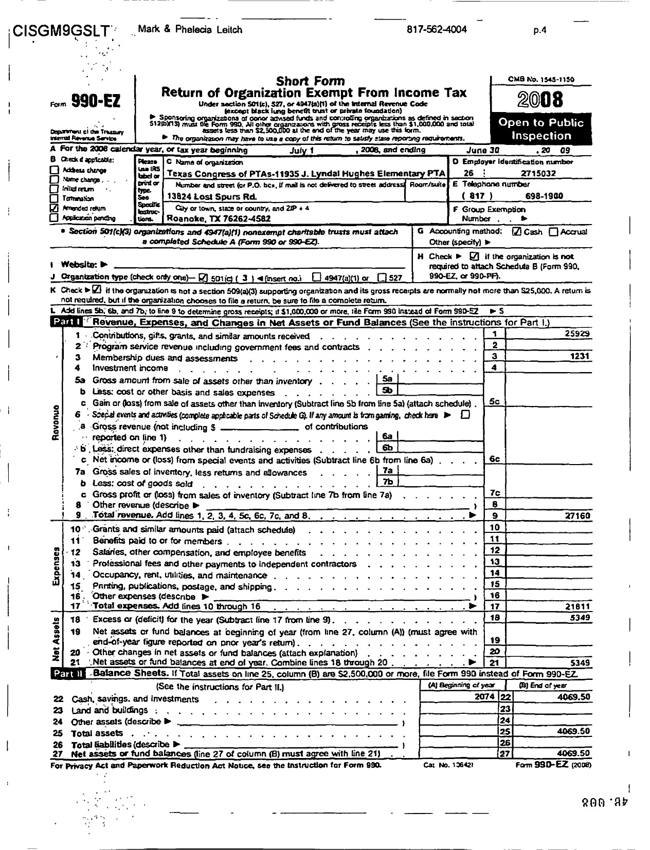 Image of first page of 2008 Form 990ER for Texas PTA - 11935 J Lyndal Hughes Elementary PT