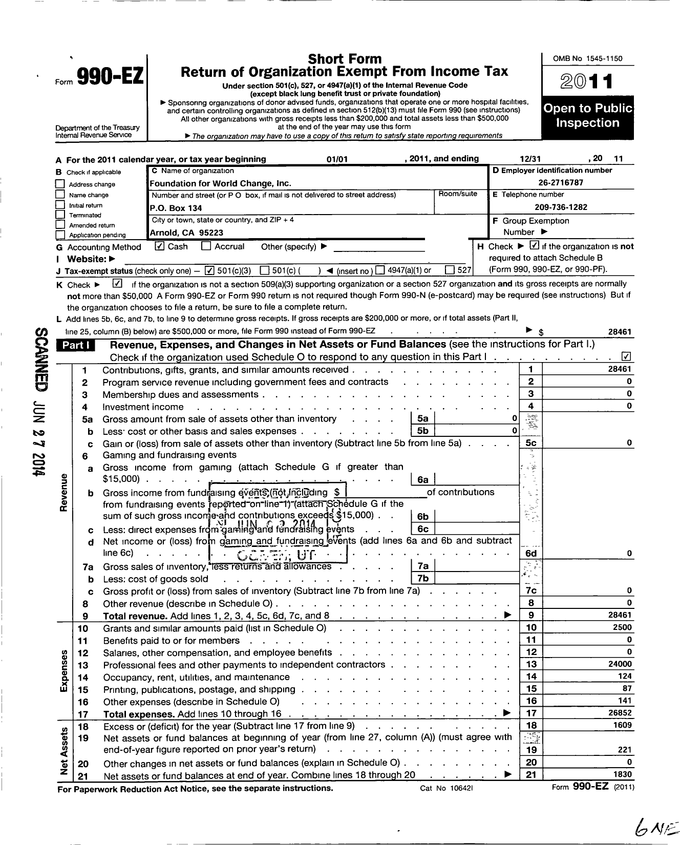 Image of first page of 2011 Form 990EZ for Foundation for World Change