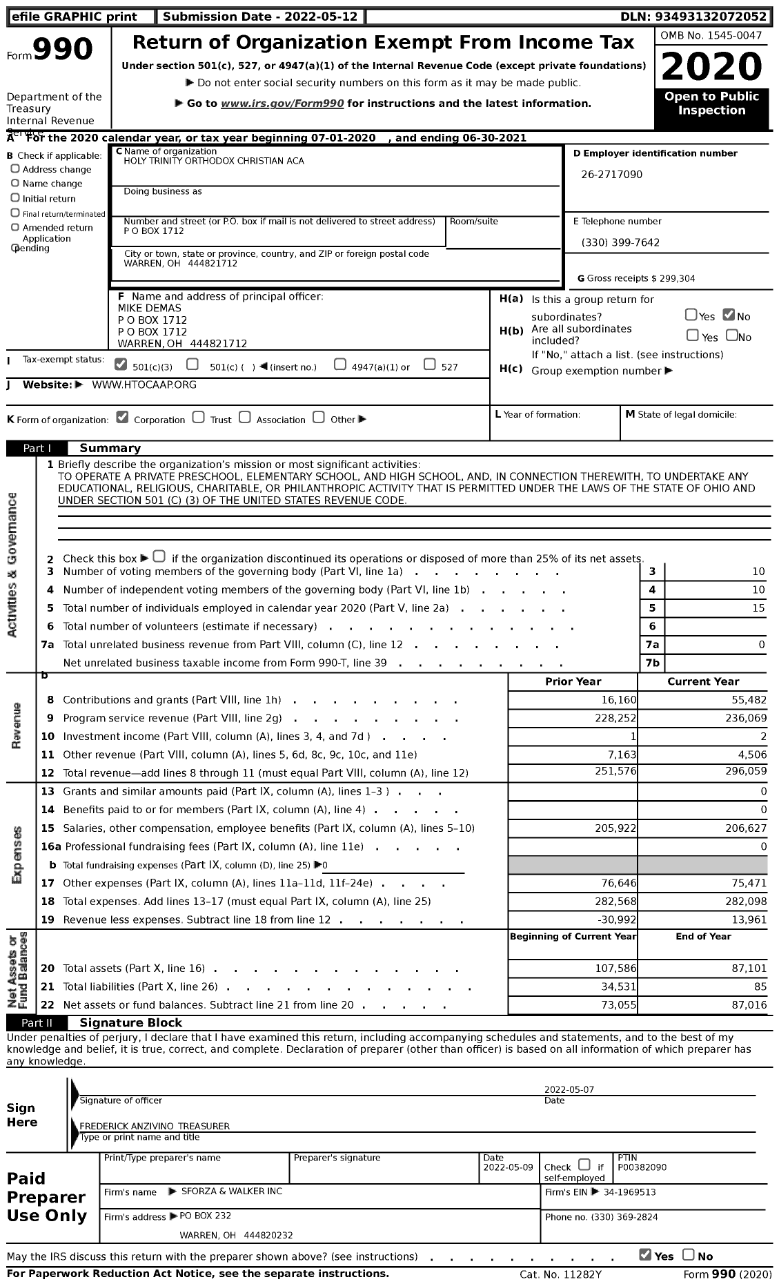 Image of first page of 2020 Form 990 for Holy Trinity Orthodox Christian Academ