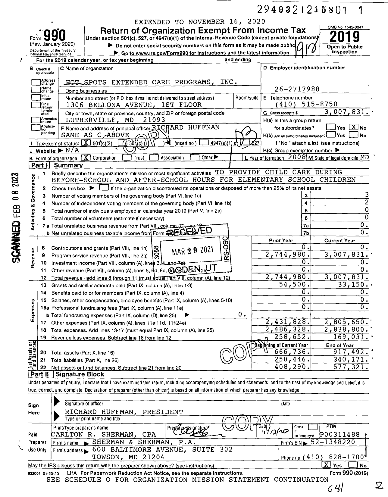 Image of first page of 2019 Form 990 for Hot Spots Extended Care Programs