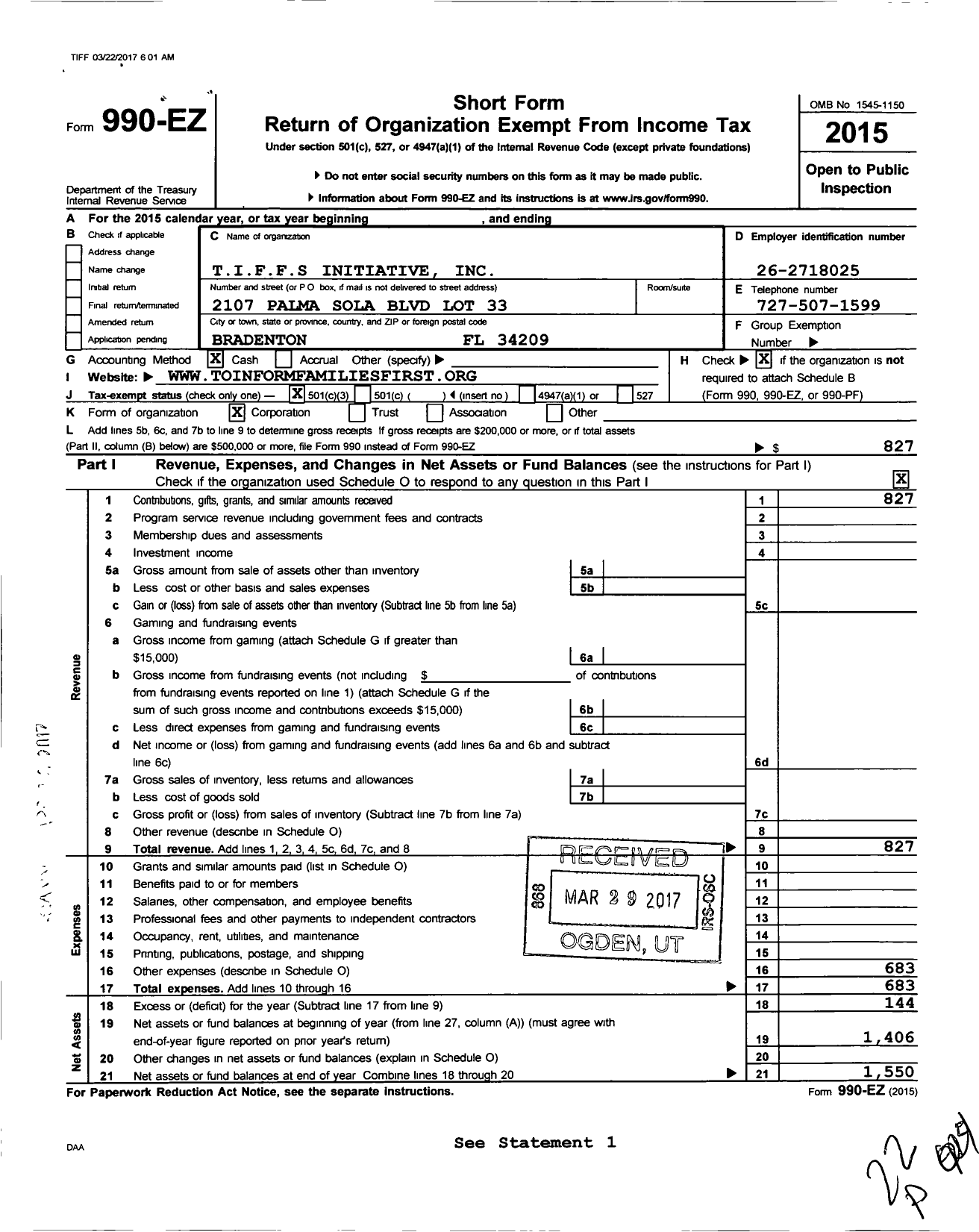 Image of first page of 2015 Form 990EZ for Tiffs Initiative