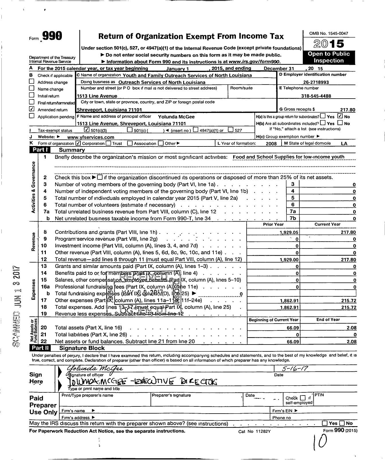 Image of first page of 2015 Form 990 for Outreach Services Community Development Corporation